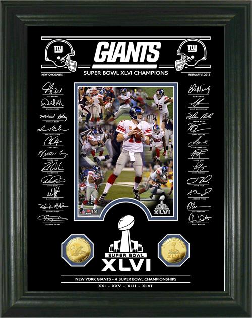 New York Giants Super Bowl XLVI Champions Gold Coin Signature Etched Glass Photo Mint